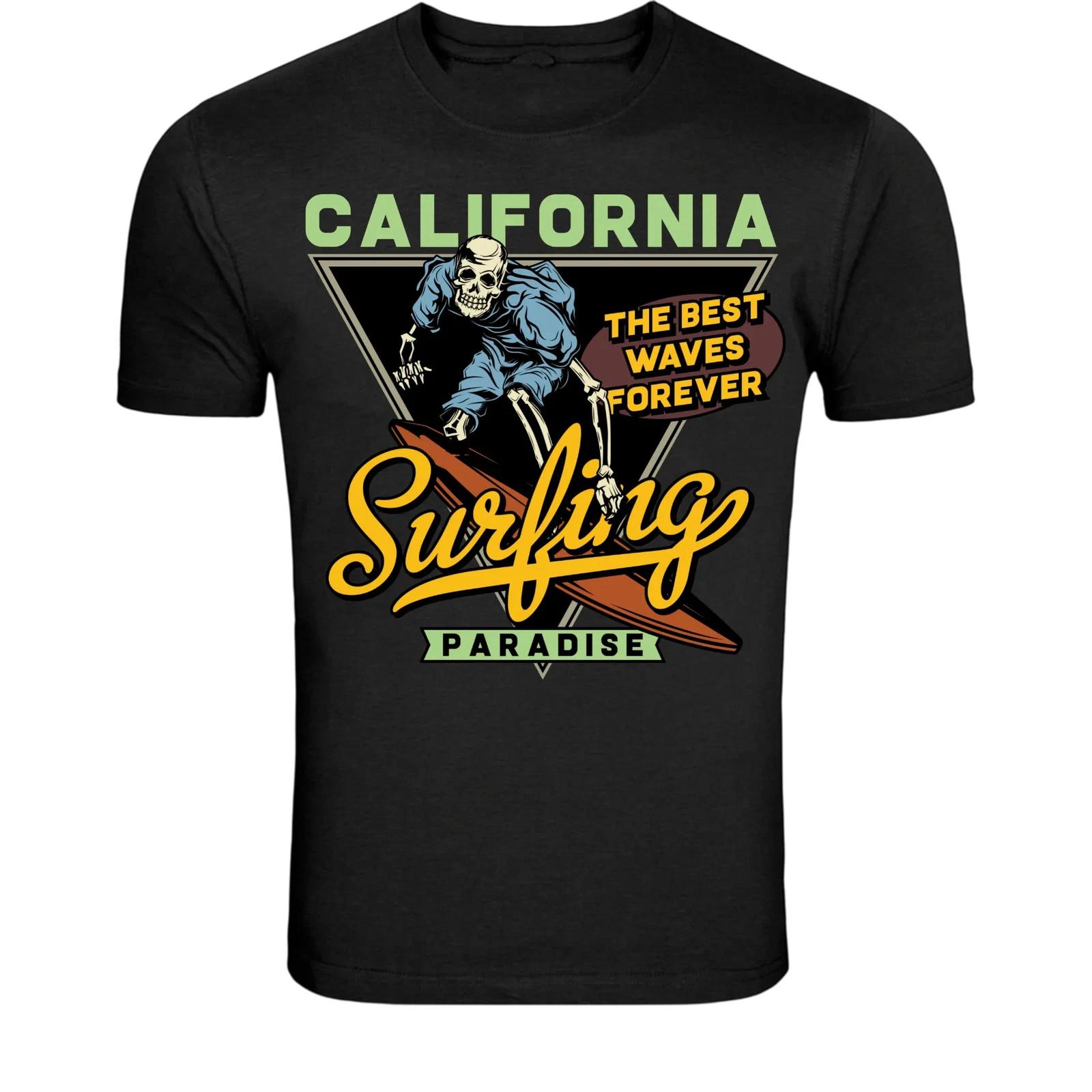 California Skeleton Surfing T-Shirt - Vintage Surf Paradise Skull S