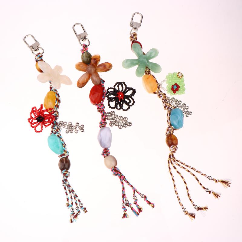 Ethnic Style Artistic Beaded Charm Keychain Vintage Flower Phone Lanyard Bag Pendant Key Hanging Decoration Gifts