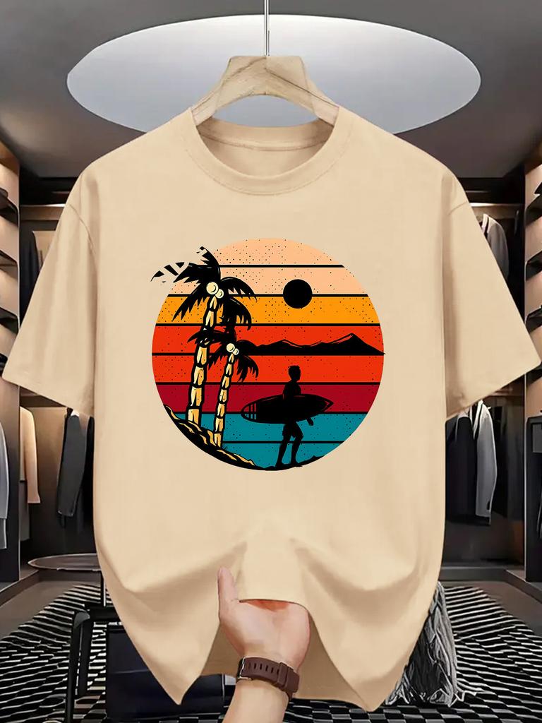 Beach Surf Unisex Short Sleeve Tshirt Retro Striped Sunset Palm Tree Surfer Silhouette O Neck Tee Holiday Male Casual Fashion Tops