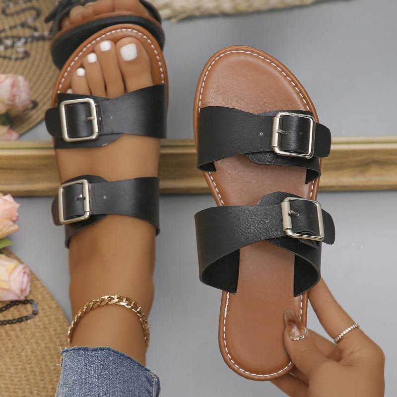 New large-size buckle flat-bottomed one-word slippers women's open-toed retro wind beach slippers