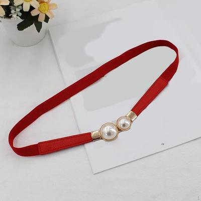 Double Pearls Buckle Waist Belt, Women Retro Elastic Skinny Belt for Dress