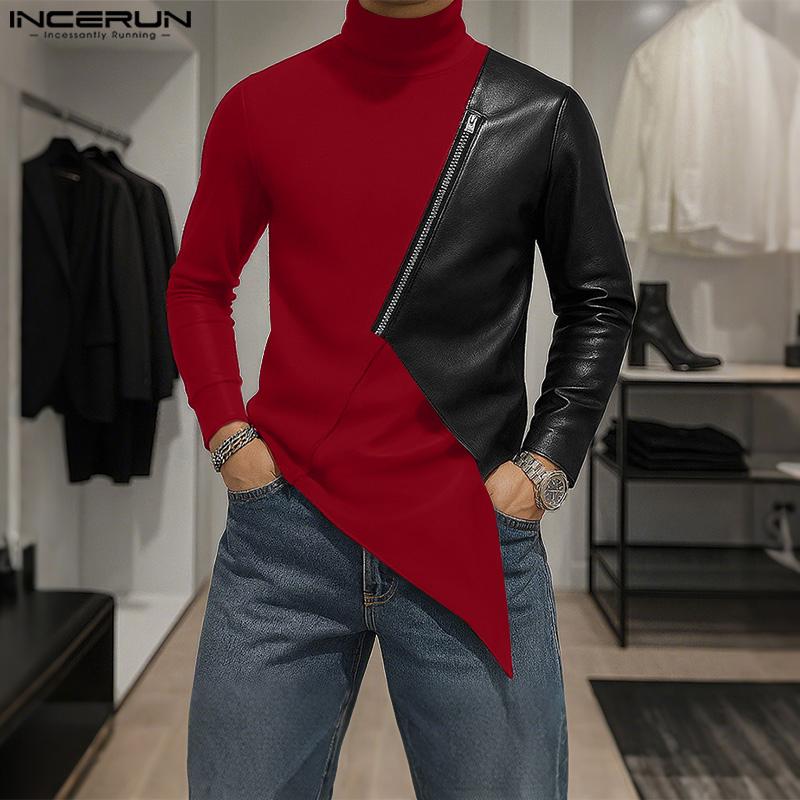 INCERUN Autumn Men's High Neck Long Sleeve PU Patchwork Irregular Casual T-shirts Undershirts