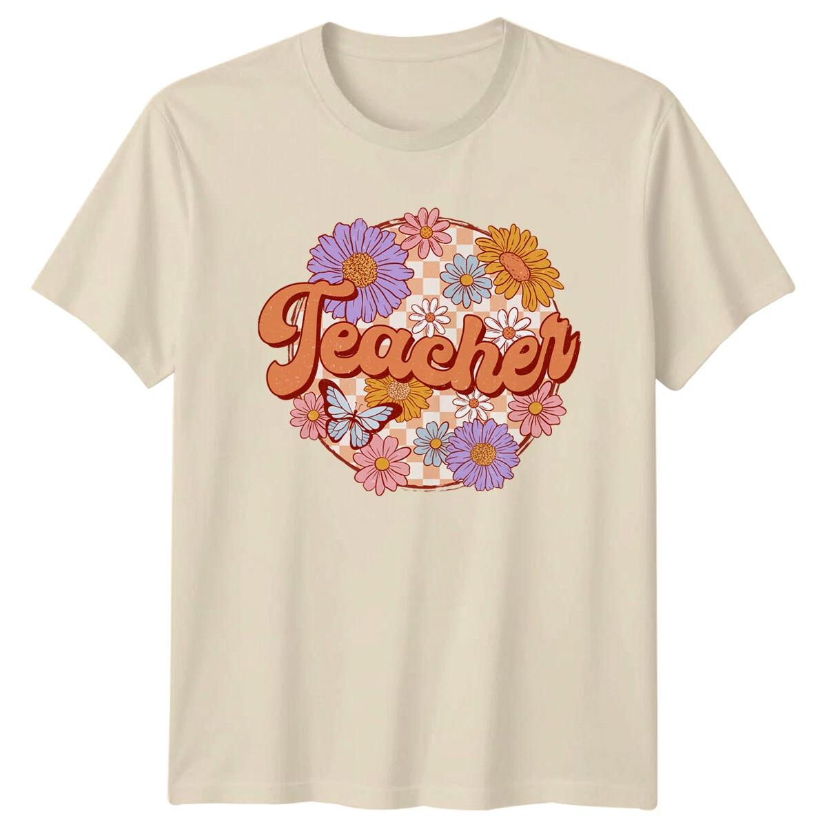 Retro Teacher Floral T-Shirt - Teacher Text Flower Graphic Tee M