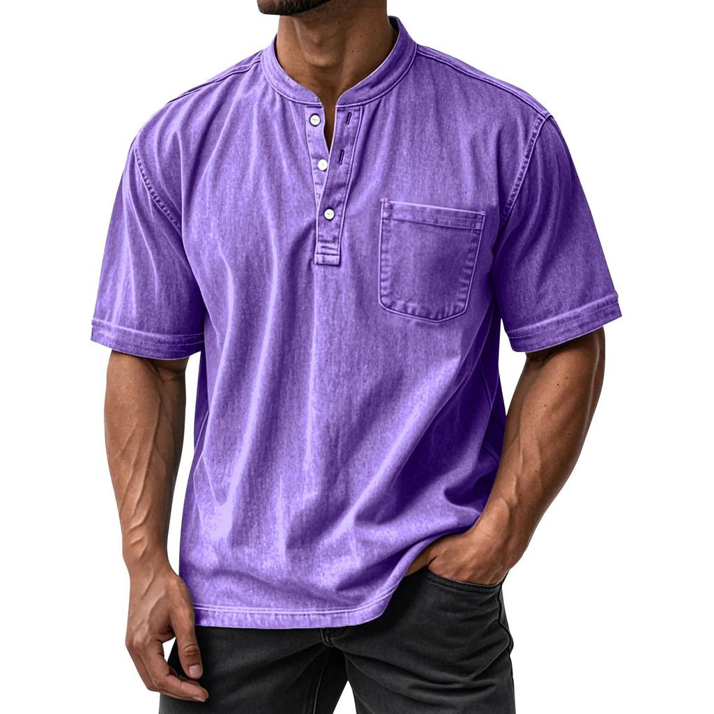 Men's Summer Round Neck Short Sleeve T-Shirt Neck Men's All- Casual Button Shirt