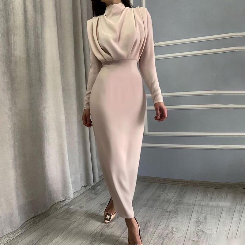 Fashion Elegant Long Sleeved Slim Fit Dress Autumn New Half High Collar Loose Casual Simple Long Dresses Solid Color Streetwear High Waist Clothing