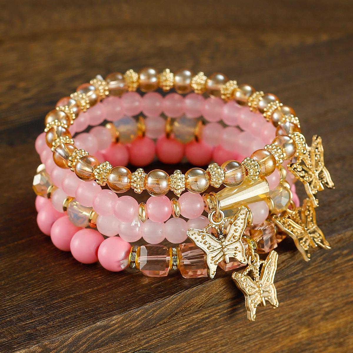 

4pcs Set Bohemia Exquisite Acrylic Beaded Crystal Butterfly Bracelet for Women Charm Multilayer Pearl Bangle Zircon Friend Gift розовый
