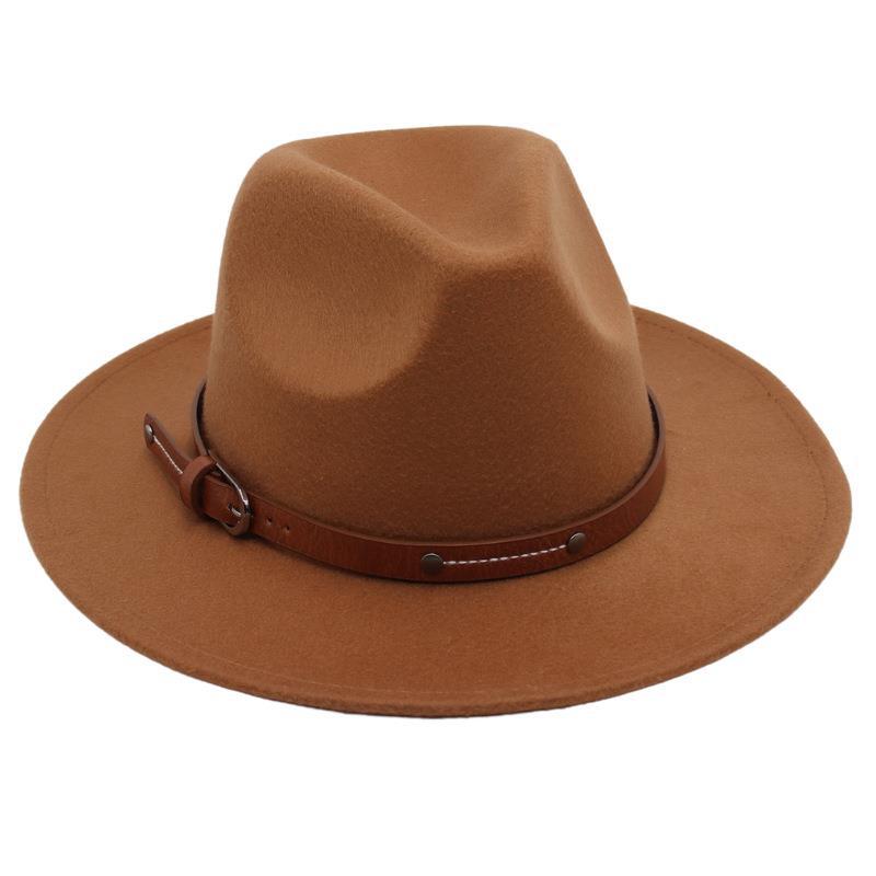 Big Edge Top Hat Belt Buckle Jazz Hat Men'S And Women'S Felt Hat Street Shooting Gambler Hat Concave Fedora Hat Tide
