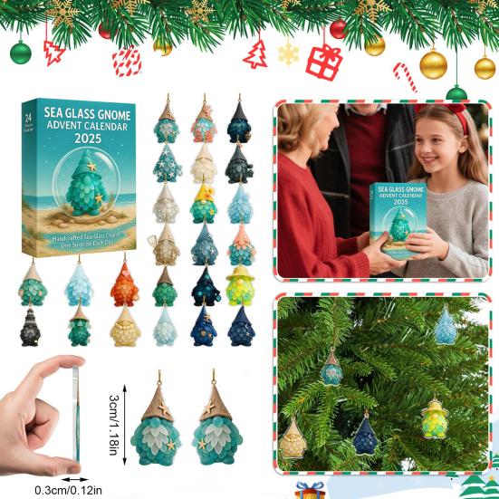 Seeglas Wichtel Adventskalender Box 24 Tage Weihnachts-Countdown-Kalender mit 24 handgefertigten Seeglas Wichtel Ornamenten Weihnachtsfeier Geschenk