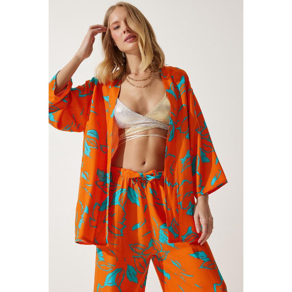 Zestaw damskich spodni kimono palazzo w kolorze pomarańczowym, wzorzystym En00614