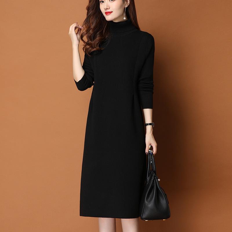 2025 Women's Winter Turtleneck Sweater Dress - Mid-Length Pullover with Over-Knee Skirt and Cashmere Coat