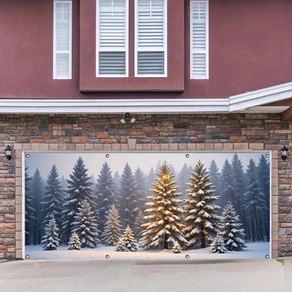Cheerful Winter Garage Door BannerRobust Outdoor Christmas Decoration Made of Polyester Design with Snow-Covered Tree