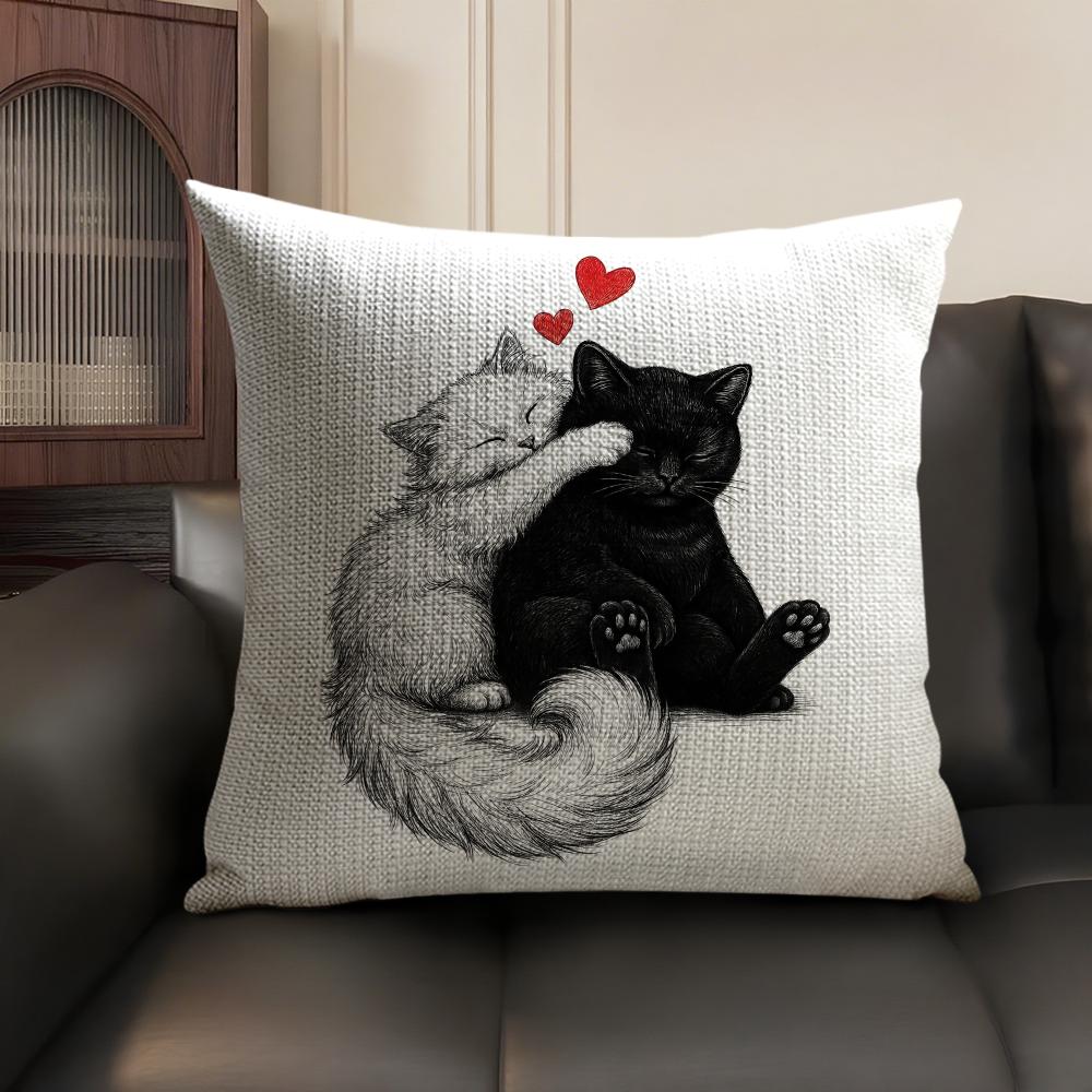 Couple Cats Cushion Cover Summer Breathable Linen Organic Fabric Double-Sided Printing Sofa Pillow Case Home Decor