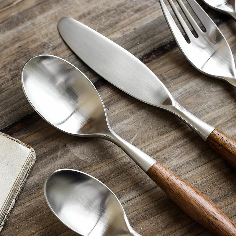Super Qualité 1/5 Pcs Ensemble de Couverts Occidentaux en Acier Inoxydable 304 Manche en Bois Fourchette de Dîner Couteau Couverts Mat Vaisselle Couverts de Table