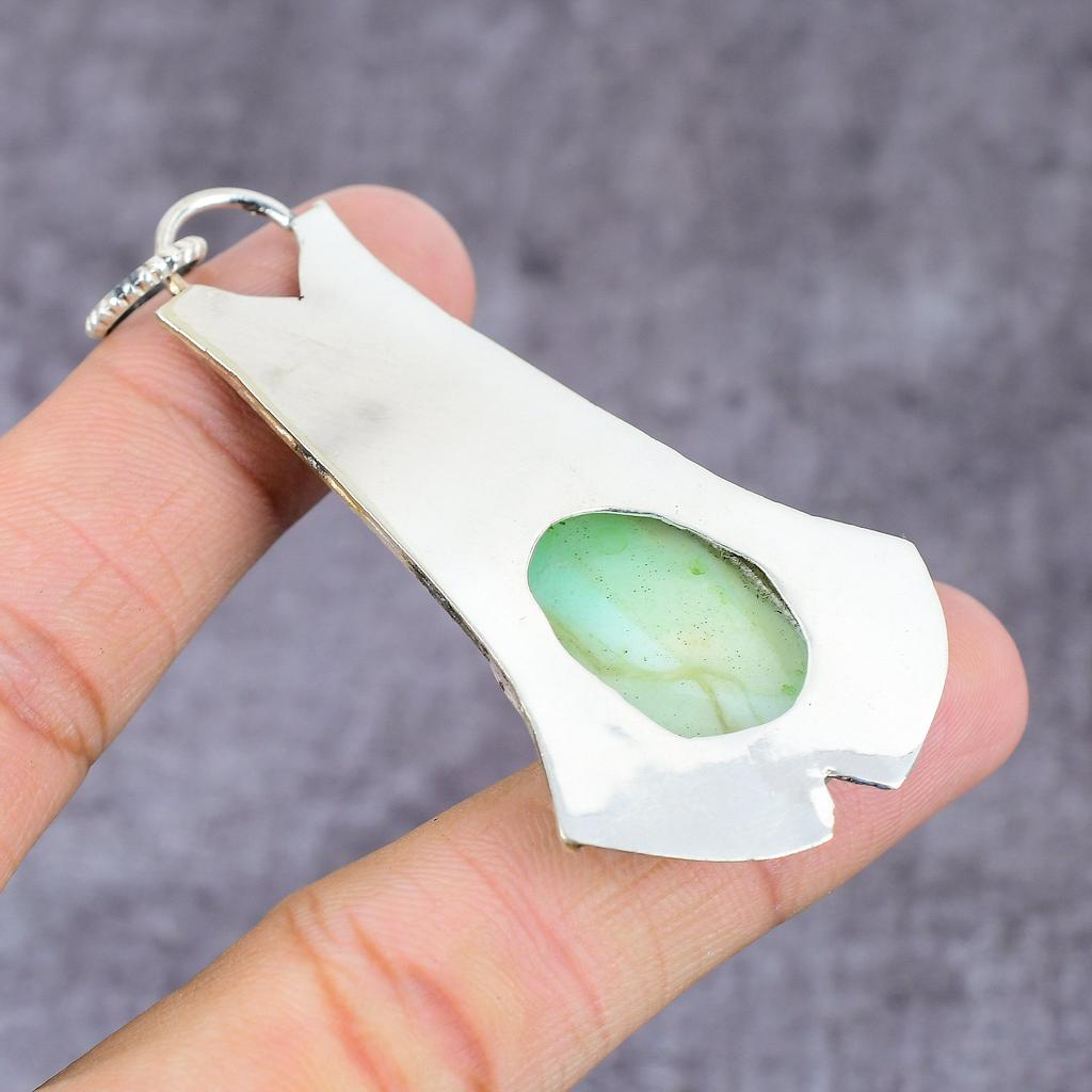 Natural Chrysoprase Gemstone Handmade 925 Sterling Silver Pendant 3.42" ET-1599