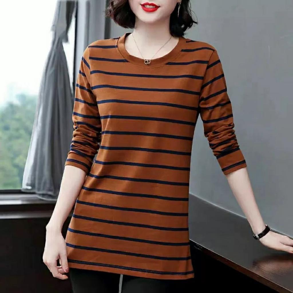 Spring Round Neck Long-sleeved Striped Shirt Women's Fashion Mid-length Ladies Blouse Bottoming Shirt