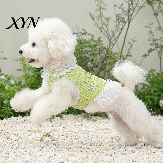 Spring Dog Clothing Sleeveless Tweed Dress, Ruffled Pet Dress with Lace Breathable Mesh Apparel Trim, Cute Summer Harness for Small Dogs Stylish