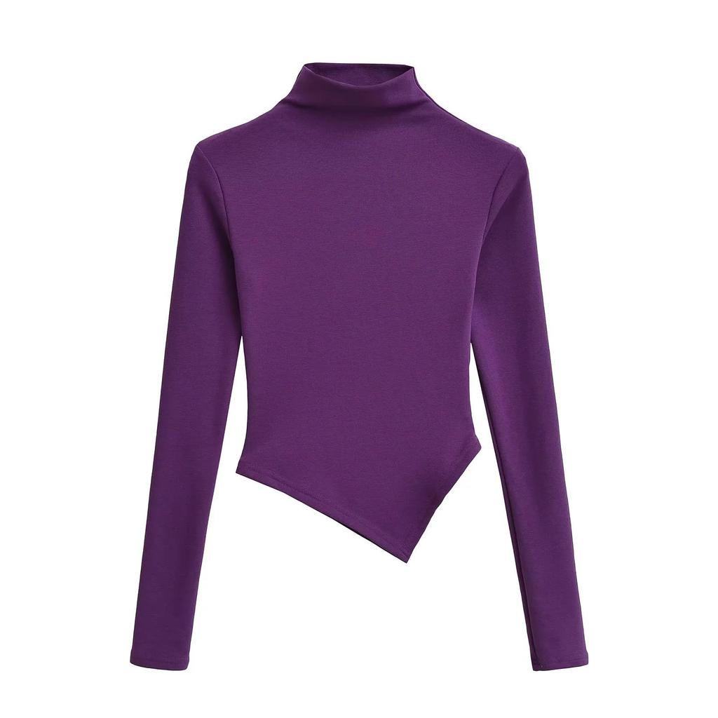 Pure Desire Women's High Neck Irregular Hem Long Sleeve T-shirt - Spring/Autumn Elastic Fit