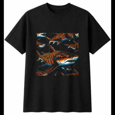 Detailed Tiger Shark Torn Sea Ocean Mens T-Shirt Black 100% Cotton Printed