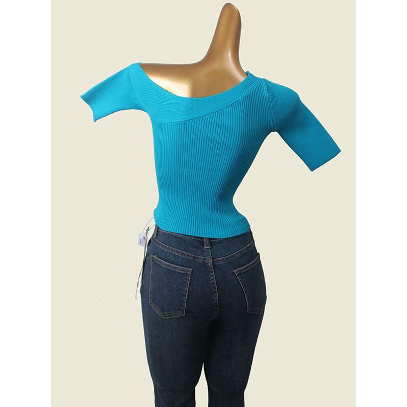 Blue Diagonal Collar One Shoulder Knitting Short Sleeve T-shirt Female French Style Design Silm Slimming Short Top Fall Base