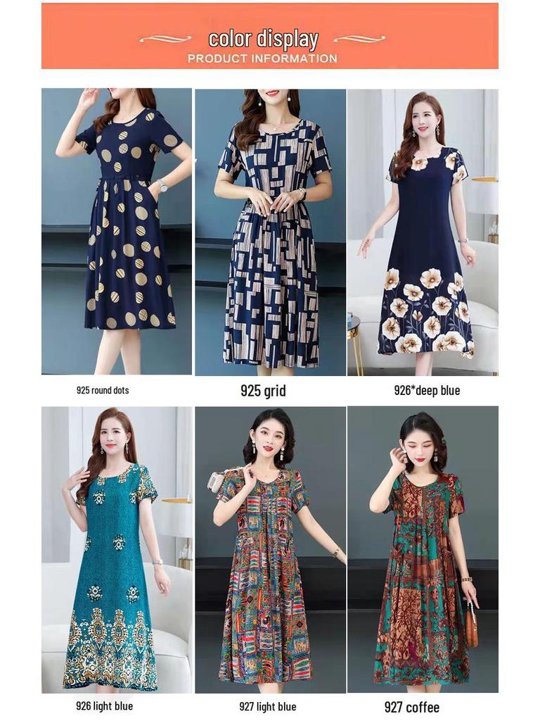 Plus Size Summer Dress for Middle-Aged & Elderly Women - Short Sleeve, Mid-Length - Southeast Asian Style