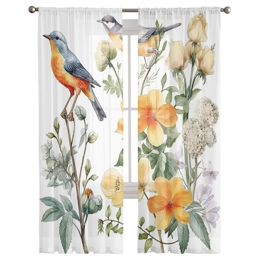 Bird Flowers Leaves Branches Nostalgic Bedroom Transparent Sheer Curtains Holiday Decoration Window Voile Tulle Curtain