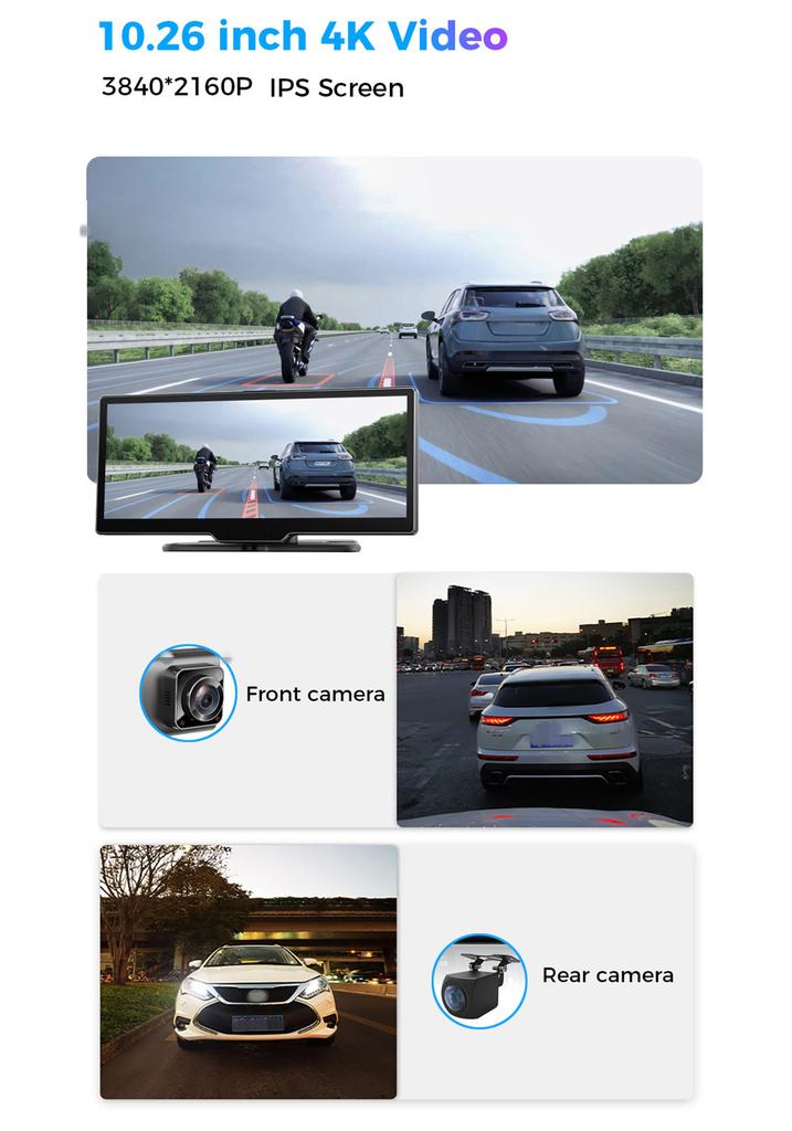 10.26 Inch 4K Car Mirror Dashcam, Video Recorder with AHD Rear Camera and Carplay