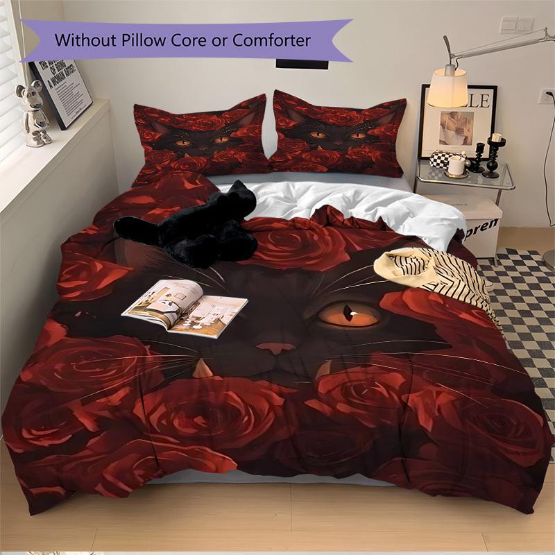3pcs Black Cat Roses Duvet Cover Set - Machine Washable, Includes 1 Cover and 2 Pillowcases, No Core Included yy251013077
