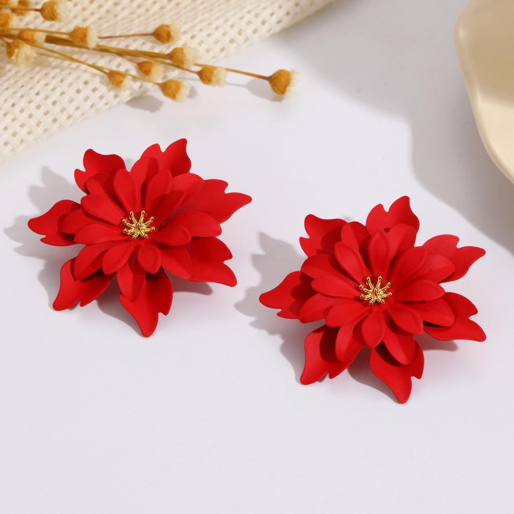 Fashion and Fresh Candy Color Spray Paint Stud Earrings Temperament Versatile Vacation Style Three-layer Flower Earrings Gold Stamen Earrings