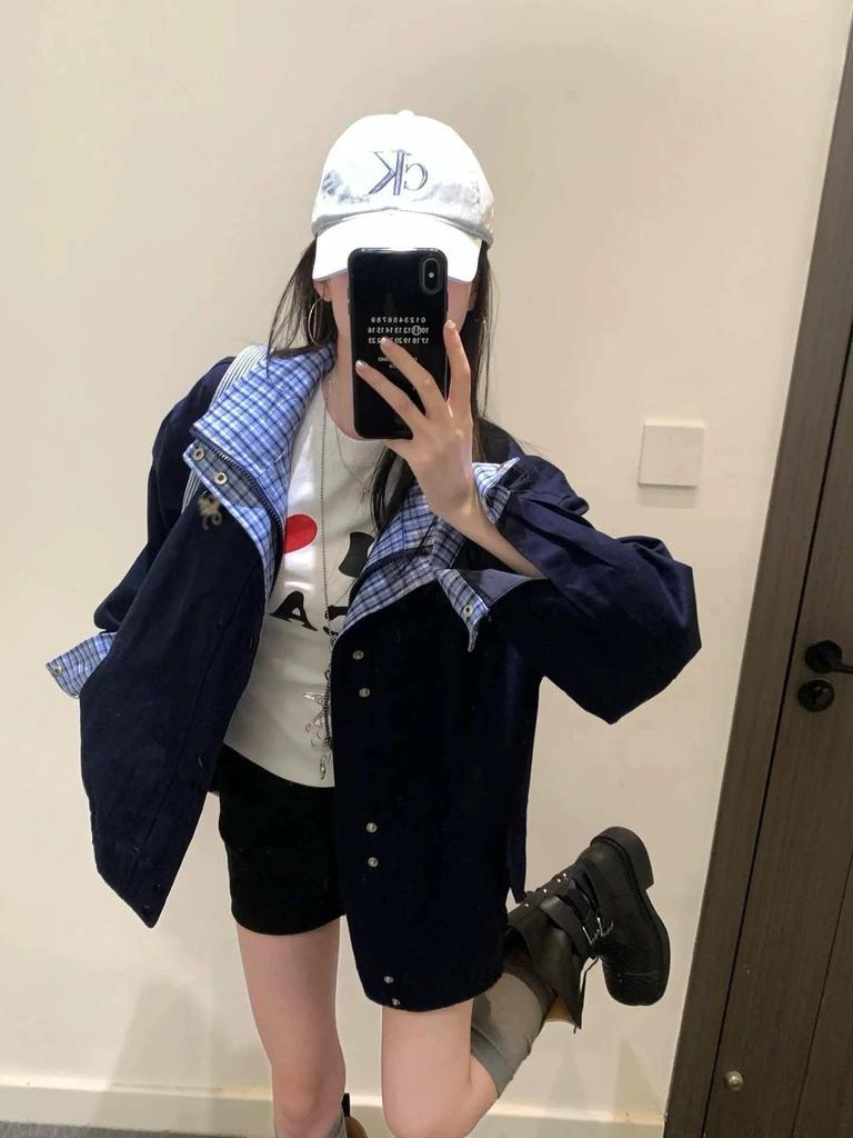 Women's Retro Plaid Patchwork Color Block Jacket - Trendy Loose Fit for Spring/Autumn
