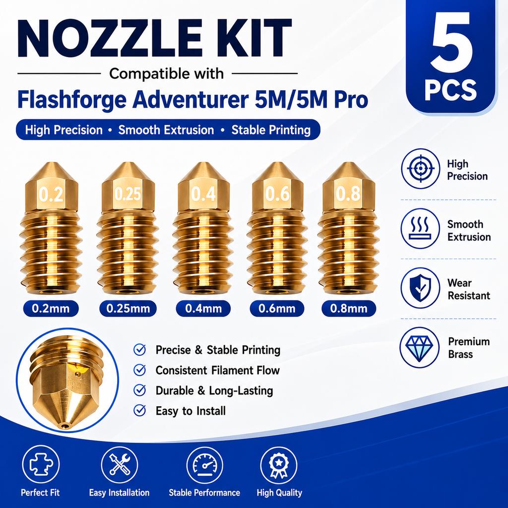 For Flashforge Adventurer 5M (AD5M) Hot End, Brass Nozzle & Hardened Steel Nozzle Kit, Bore Sizes: 0.2mm / 0.25mm / 0.4mm / 0.6m