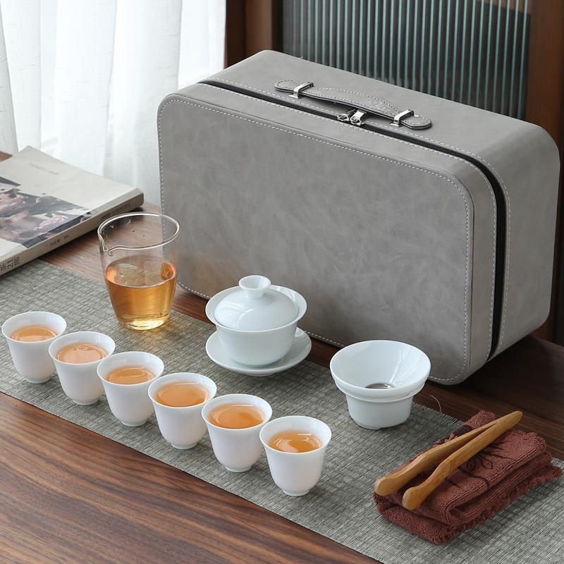 White Porcelain Tea Art Teaching Tea Set Travel Portable Bag Ceramic Kung Fu Tea Set Tea Artist Training Examination