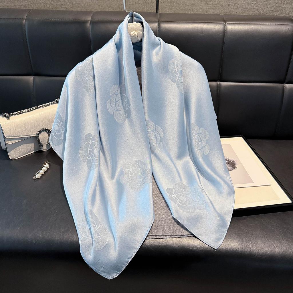Fashion White-Collar Spring And Autumn Thin Imitation Silk Camellia High-End Silk Scarf Scarf Female Gift Retro Tencel Cotton Headscarf