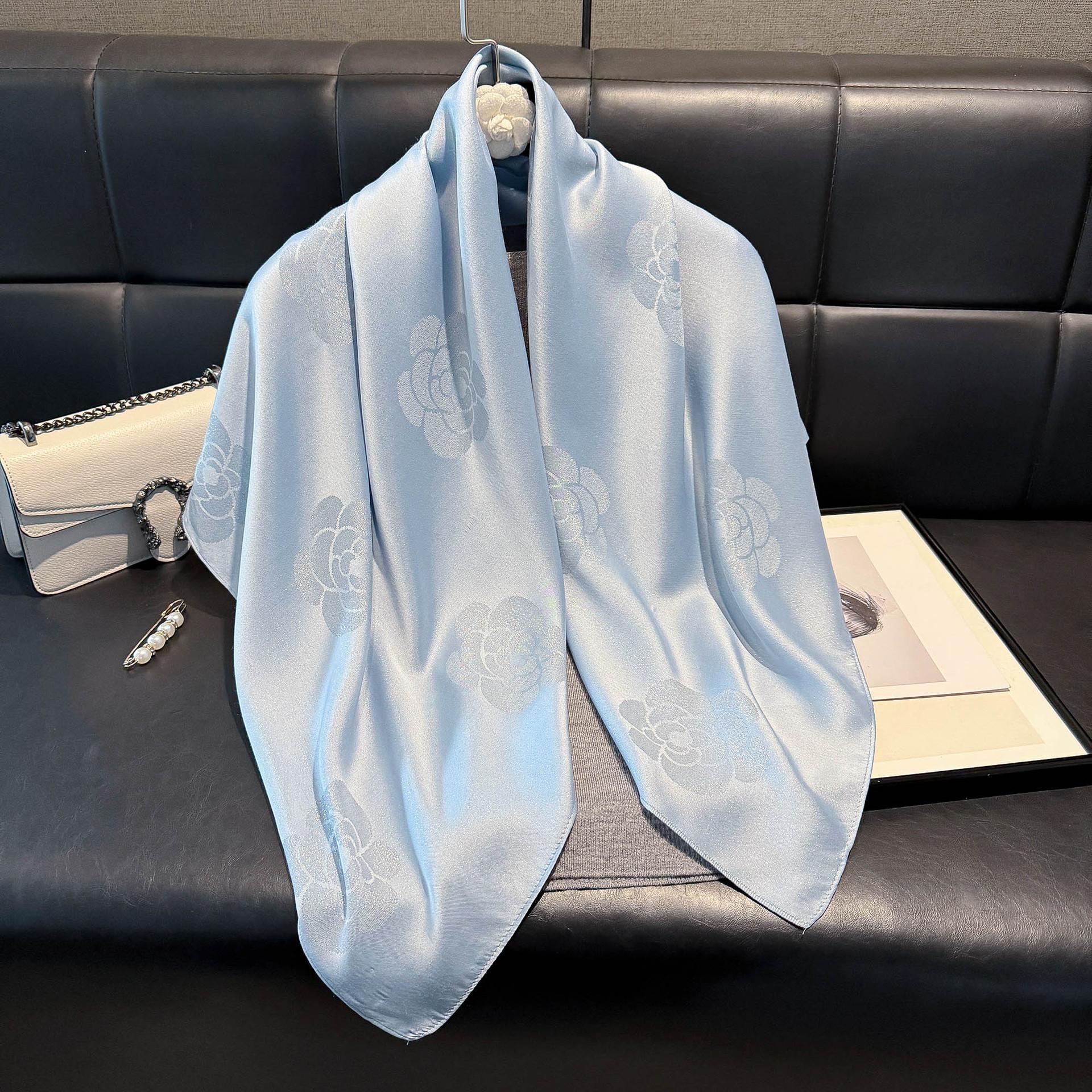 

Модный офисный платок из тонкого искусственного шелка с камелиями, высококачественный шелковый шарф, шарф женский, подарок, ретро, тенсел, хлопок, головной платок 90*90 небесно-голубой