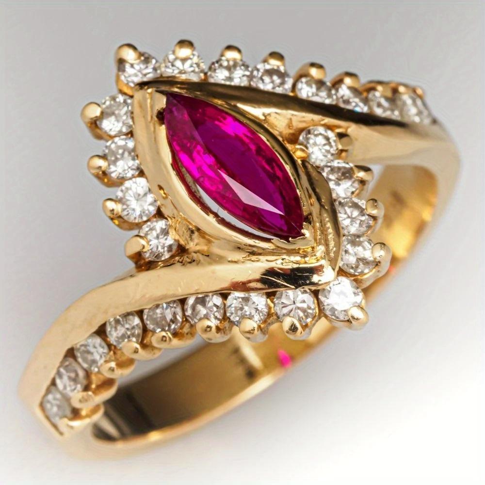 Fashion Sparking Red Synthetic Zirconia Golden Plated Ring for Women Gorgeous Elegant Banquet Bridal Wedding Jewelry Accessories