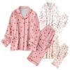 Lapel Pajama Set For Women Peach Heart Pattern Twosie Pajama Set Casual Cotton Long Sleeve Tops Trousers Soft Nightwear Loungewear