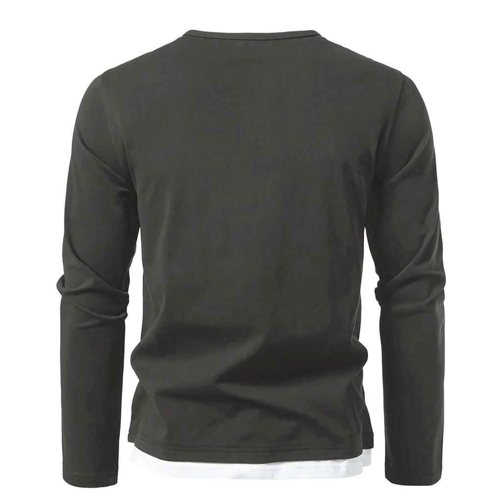Mens Long Sleeve Tee Shirts Fake Two Pieces V Neck Shirt Fall Casual Trendy Patchwork Stretchy T Shirt Basic Tops
