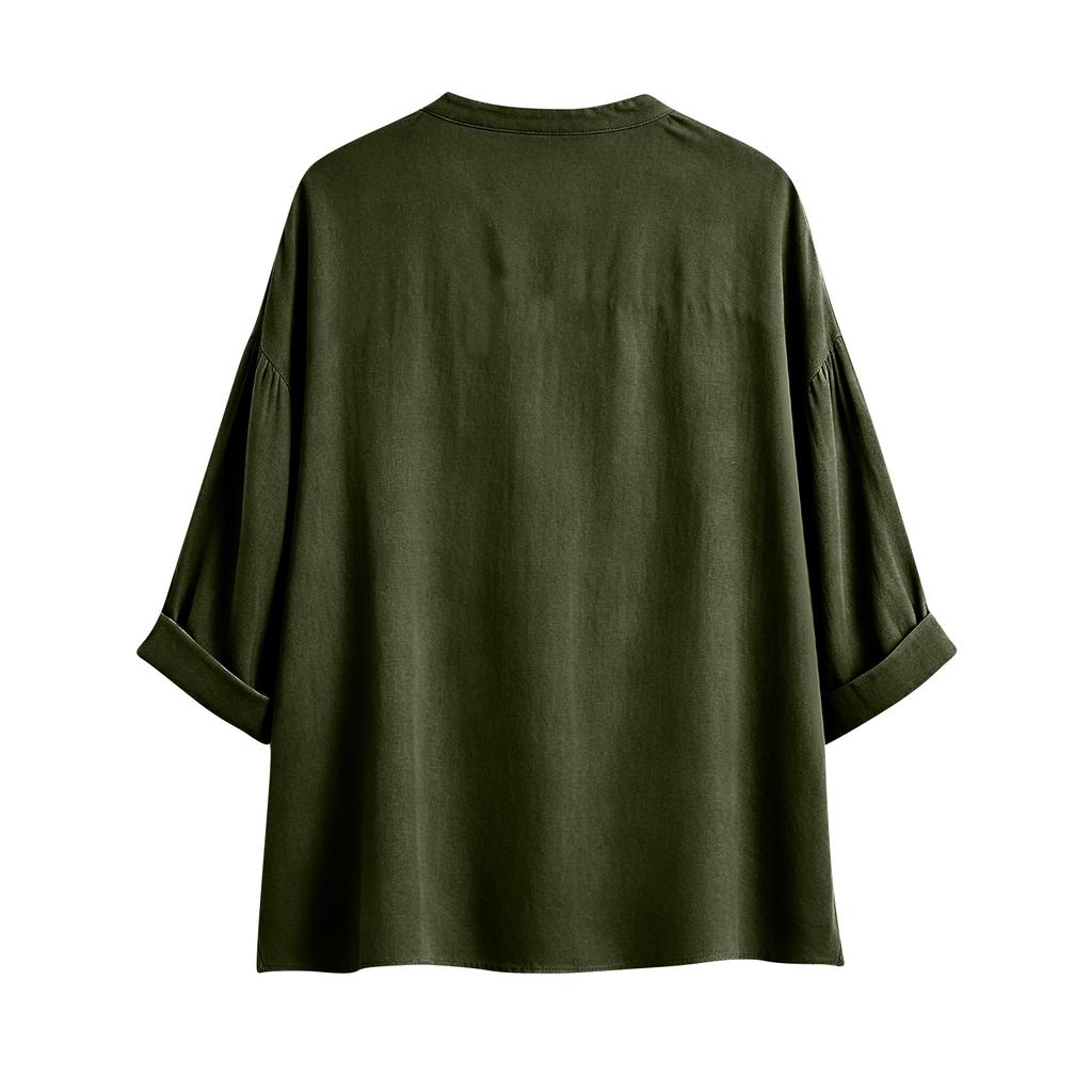 Women’s Fashion Solid Stand Collar Button Up Shirt Casual Loose Fit Top with Three Quarter Sleeves and Relaxed for Everyday Wear
