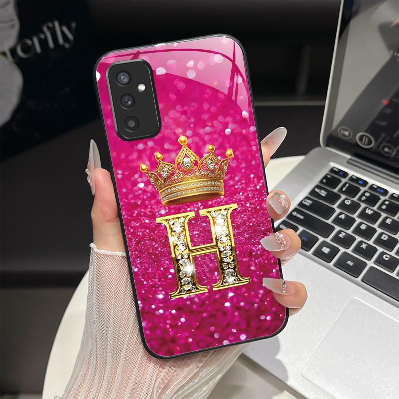 For Samsung M52 5G Case Galaxy M14 SM-M526B SM-M146B Phone Case ShockProof Fashion Initial Letter Hard Tempered Glass Back Cover