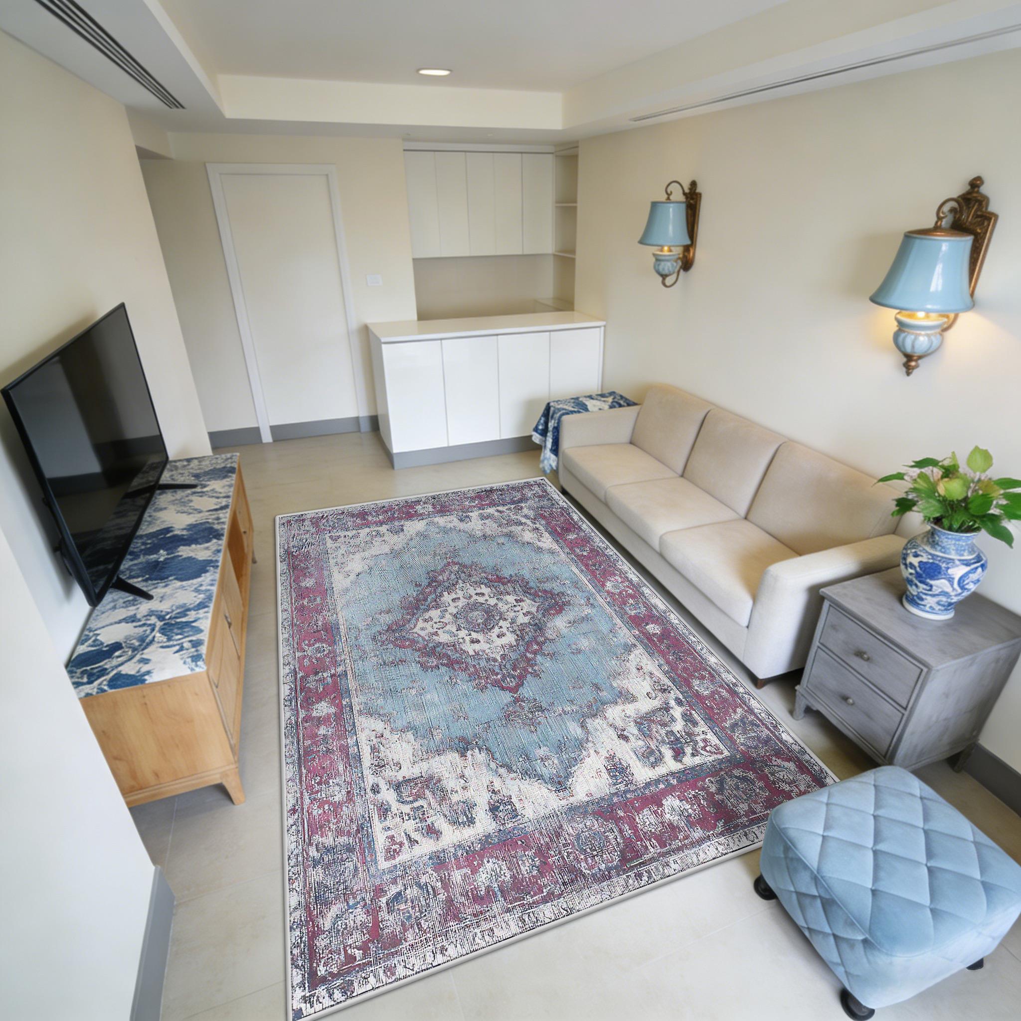 Blue Distressed Persian Easy Clean Living Room Carpet Large Area Fluffy Antiskid Floor Mats Short Velvet Luxury Dining Area Rug 50x80cm