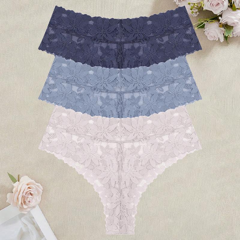3Pcs/Set Women's High Waist Panties Ladies Sexy Lace Hollow Out Thong Breathable Transparent G-strings Solid Color Soft Lingerie
