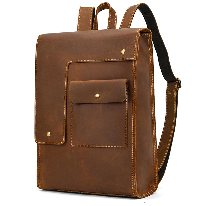 Retro Men'S Backpack Flip Cowhide School Bag 17 Inch Crazy Horse Leather Three-Dimensional Backpack Cowhide Casual Travel Bag