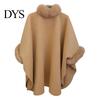 Winter Coat Lady Cape Dolman Sleeves Thick Shawl Loose Stand Collar Solid Cozy Wool Blend Trench Color Faux Fur Decor Warm Daily Wear Work Outdoor
