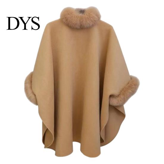 Winter Coat Lady Cape Dolman Sleeves Thick Shawl Loose Stand Collar Solid Cozy Wool Blend Trench Color Faux Fur Decor Warm Daily Wear Work Outdoor