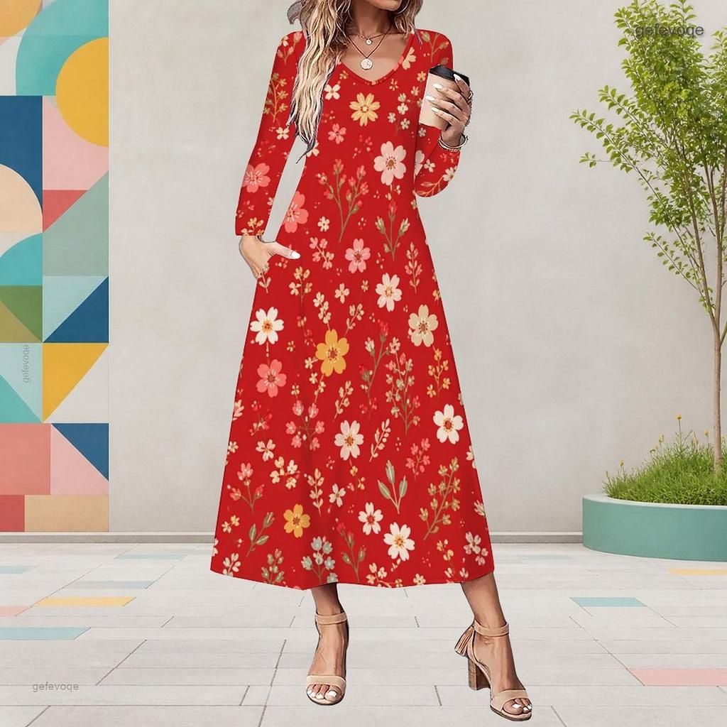 Women Plus Size V Neck Long Sleeve Red Floral Printed A Line Midi Dress With Pockets