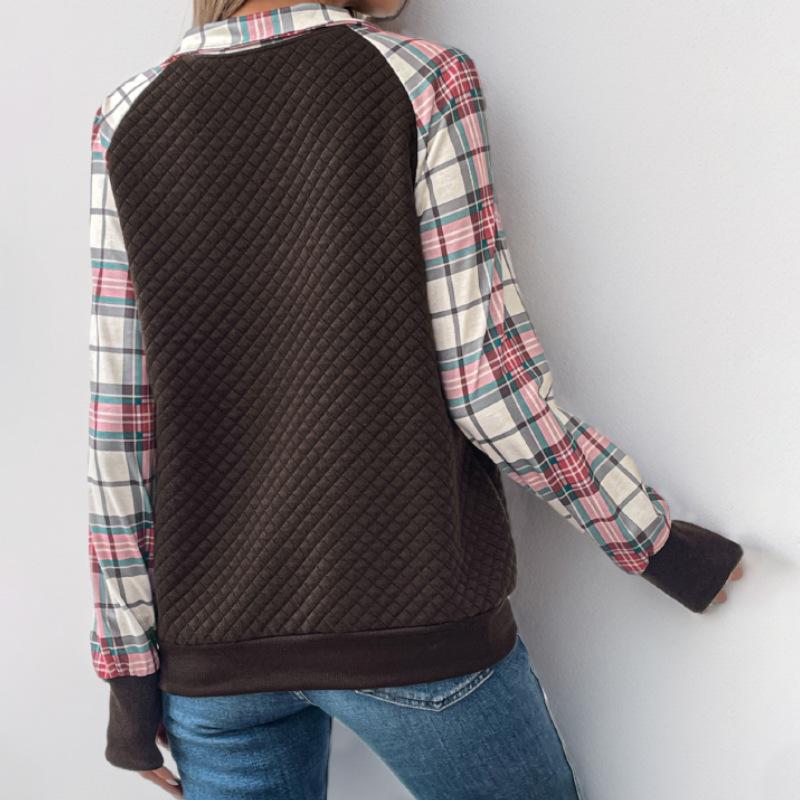 100% Clothing TEMU2026 Retro Plaid Patchwork Half Zip Stand Collar Hoodie
