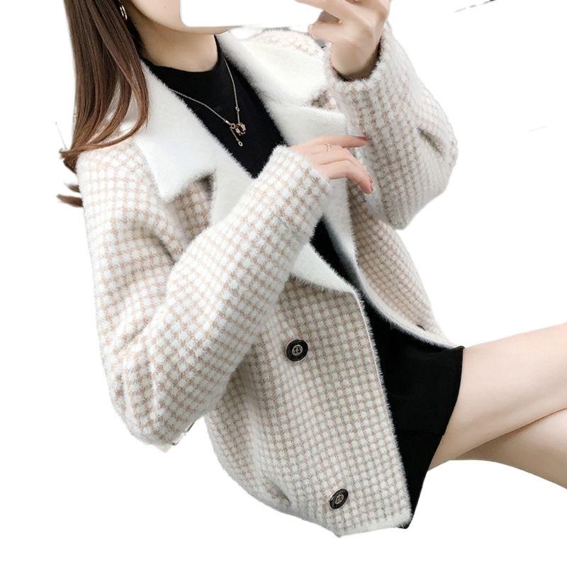 Mink velvet women's jacket knitted cardigan short spring and autumn winter plaid wear suit suit collar