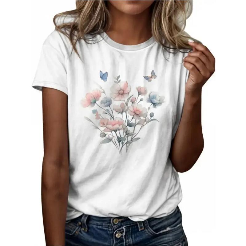 European size Women's Vintage Floral & Butterfly Print Cotton T-Shirt - Relaxed Fit Short Sleeve Round Neck Top, Breathable Summer Casual & Party Wear