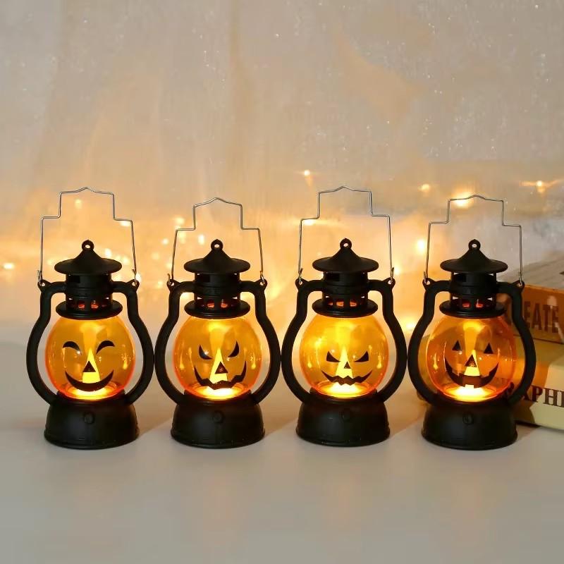 1-10PCS Halloween Ghost Face Pumpkin Lamp LED Ghost Lamp Candle Light Retro Small Oil Lamp Halloween Party Home Horror Props