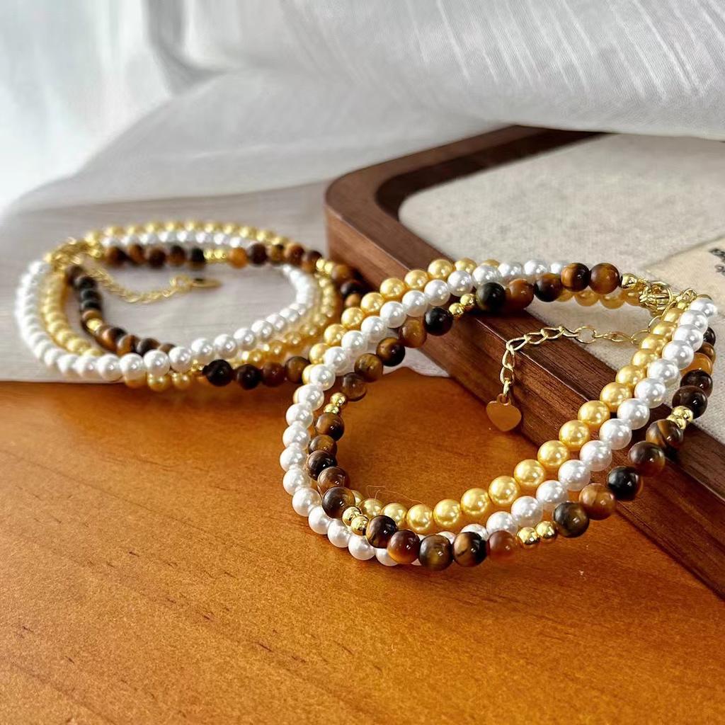 High Quality Maillard Style Natural Tiger'S Eye Stone Artificial High-Gloss Pearl Multi-Layer Bracelet Bracelet.