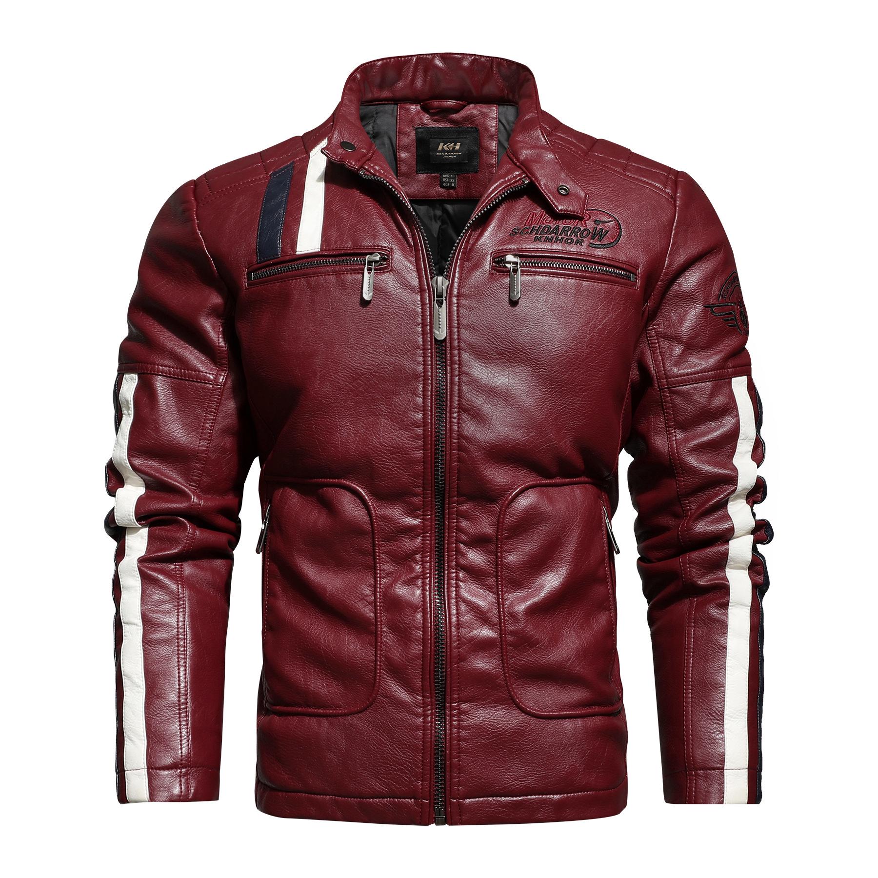 

Men s Trendy Motorcycle Leather Jacket Washed Cotton-Padded Coat, Autumn/Winter Embroidered, Color Block. 2XL червоний